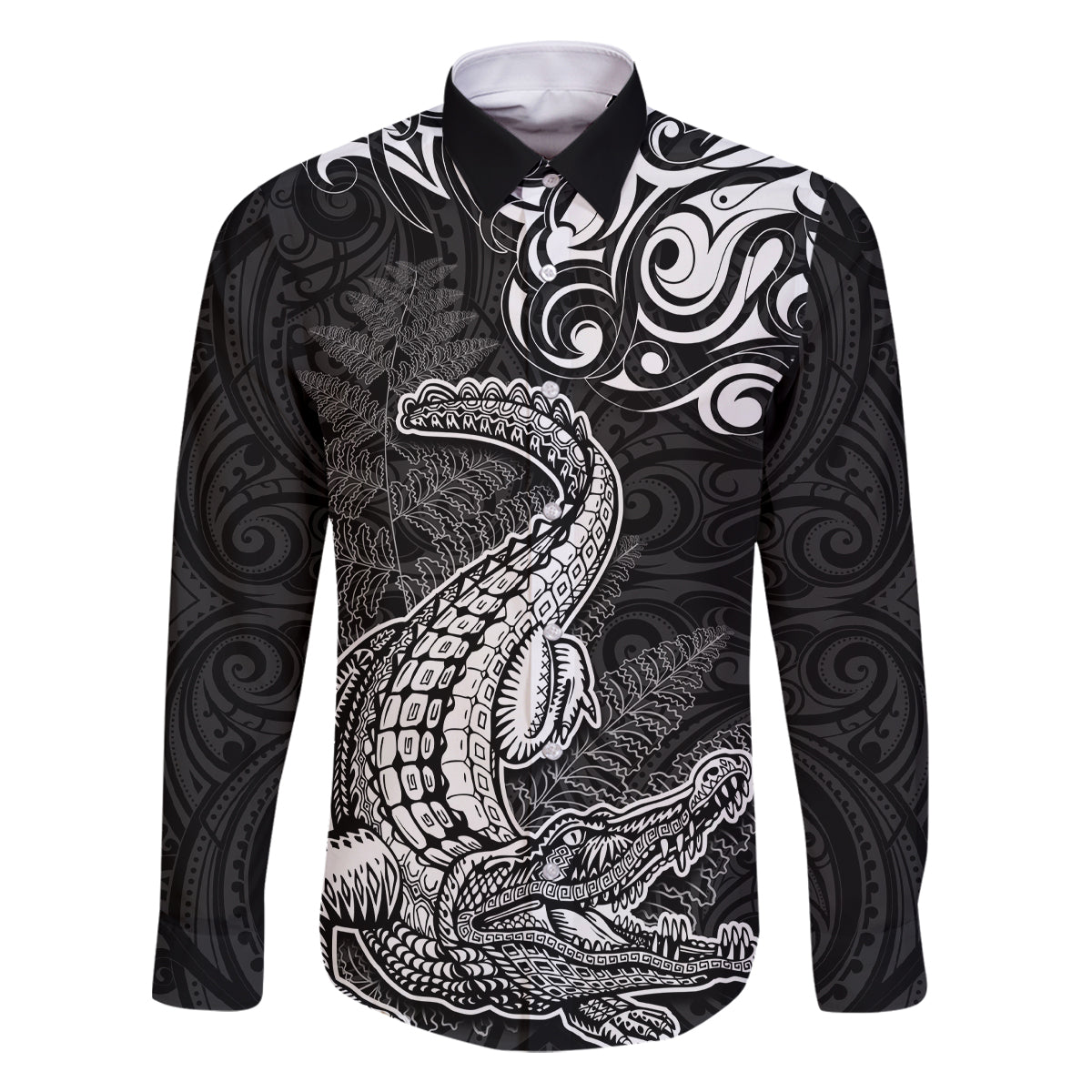 New Zealand Crocodile Tattoo and Fern Family Matching Off Shoulder Maxi Dress and Hawaiian Shirt Maori Pattern LT03 Dad's Shirt - Long Sleeve Black - Polynesian Pride
