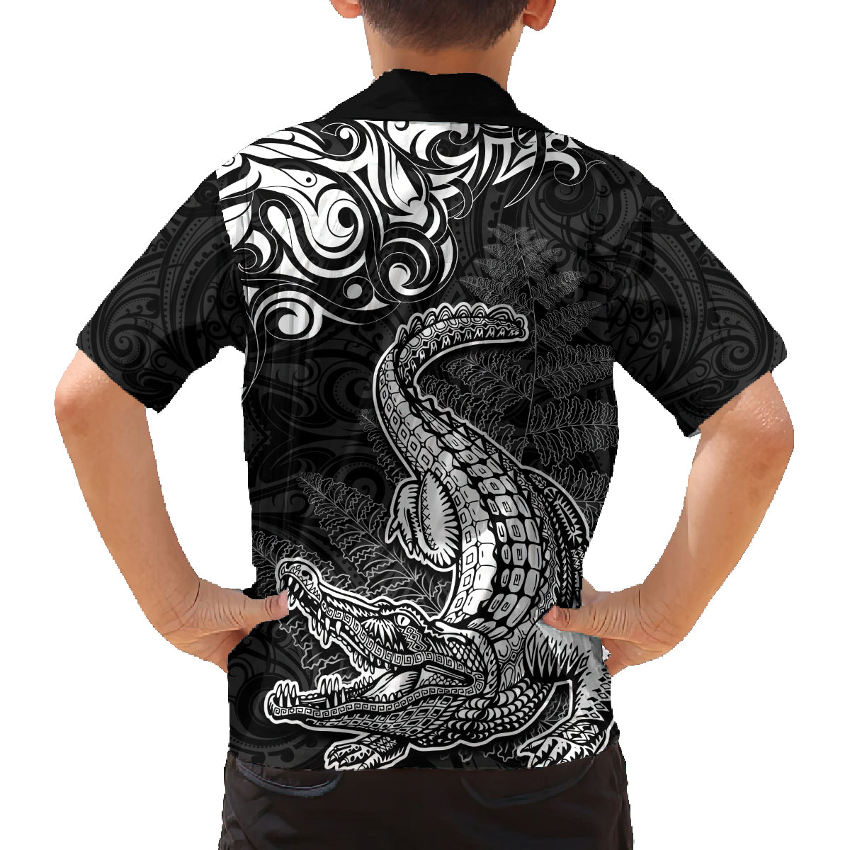 New Zealand Crocodile Tattoo and Fern Family Matching Off Shoulder Short Dress and Hawaiian Shirt Maori Pattern LT03 - Polynesian Pride