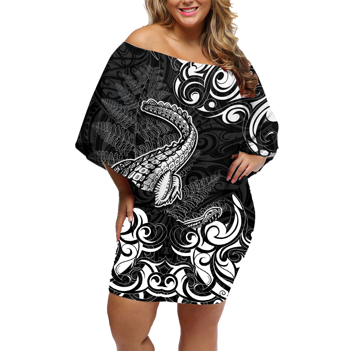 New Zealand Crocodile Tattoo and Fern Family Matching Off Shoulder Short Dress and Hawaiian Shirt Maori Pattern LT03 Mom's Dress Black - Polynesian Pride