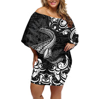 New Zealand Crocodile Tattoo and Fern Family Matching Off Shoulder Short Dress and Hawaiian Shirt Maori Pattern LT03 Mom's Dress Black - Polynesian Pride
