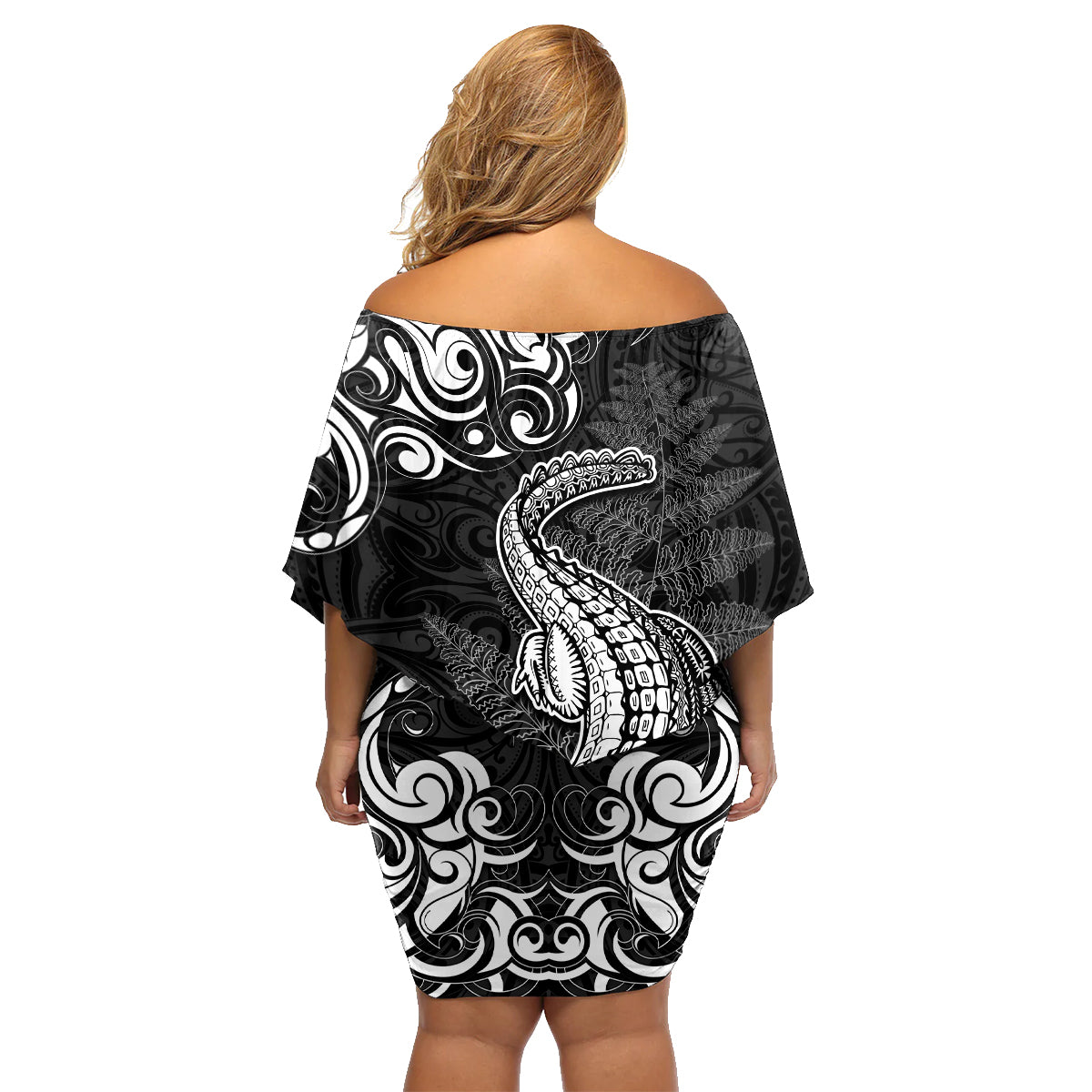 New Zealand Crocodile Tattoo and Fern Family Matching Off Shoulder Short Dress and Hawaiian Shirt Maori Pattern LT03 - Polynesian Pride