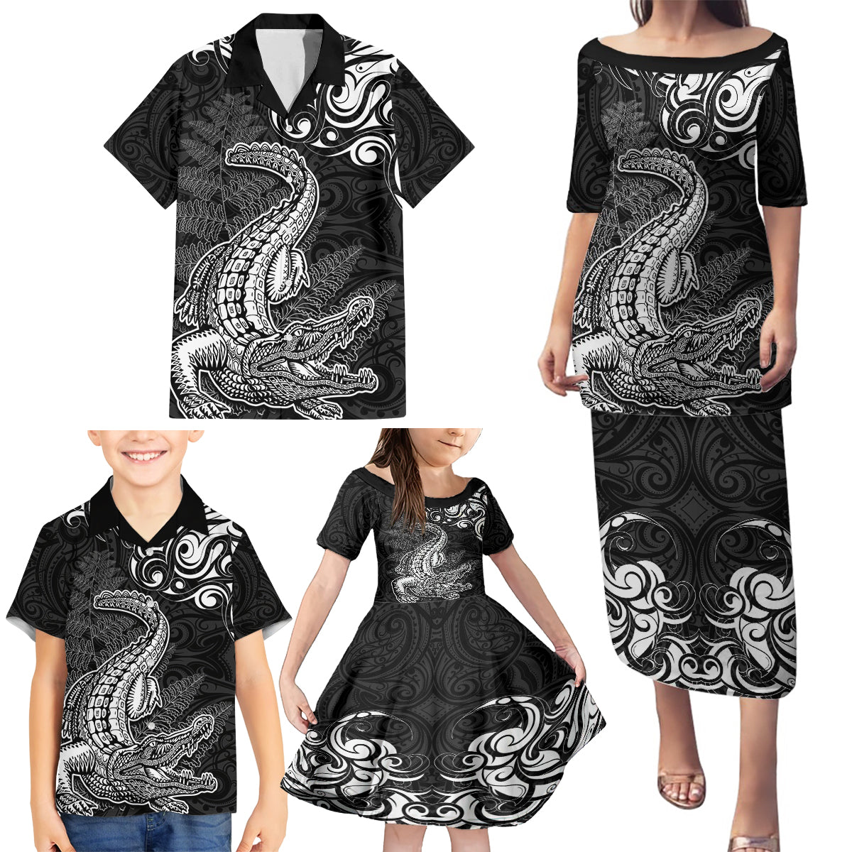 New Zealand Crocodile Tattoo and Fern Family Matching Puletasi and Hawaiian Shirt Maori Pattern LT03 - Polynesian Pride