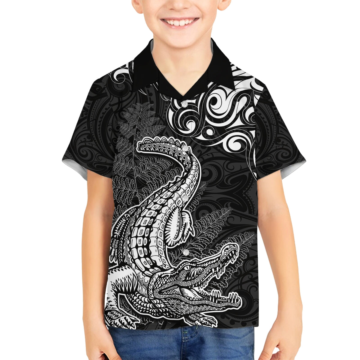 New Zealand Crocodile Tattoo and Fern Family Matching Puletasi and Hawaiian Shirt Maori Pattern LT03 Son's Shirt Black - Polynesian Pride