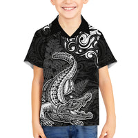 New Zealand Crocodile Tattoo and Fern Family Matching Puletasi and Hawaiian Shirt Maori Pattern LT03 Son's Shirt Black - Polynesian Pride