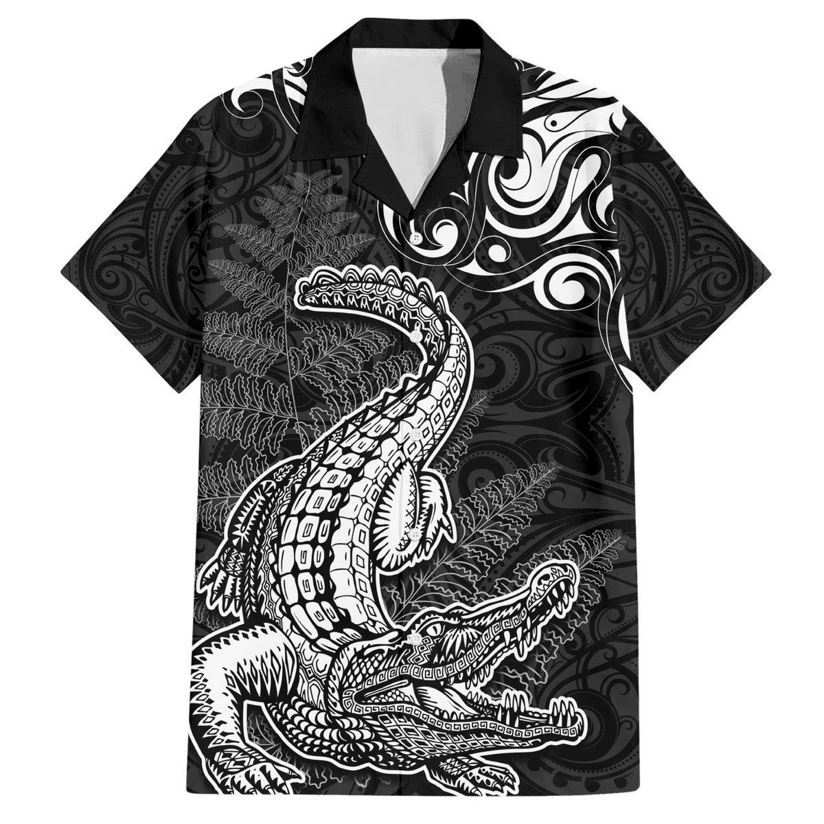 New Zealand Crocodile Tattoo and Fern Family Matching Short Sleeve Bodycon Dress and Hawaiian Shirt Maori Pattern LT03 Dad's Shirt - Short Sleeve Black - Polynesian Pride