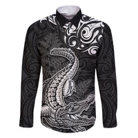 New Zealand Crocodile Tattoo and Fern Family Matching Short Sleeve Bodycon Dress and Hawaiian Shirt Maori Pattern LT03 Dad's Shirt - Long Sleeve Black - Polynesian Pride