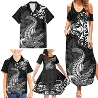 New Zealand Crocodile Tattoo and Fern Family Matching Summer Maxi Dress and Hawaiian Shirt Maori Pattern LT03 - Polynesian Pride