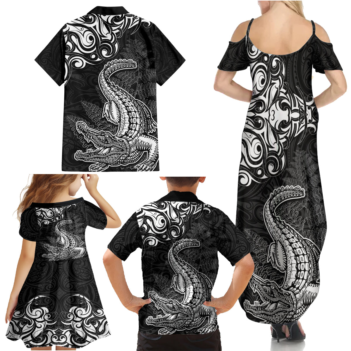 New Zealand Crocodile Tattoo and Fern Family Matching Summer Maxi Dress and Hawaiian Shirt Maori Pattern LT03 - Polynesian Pride