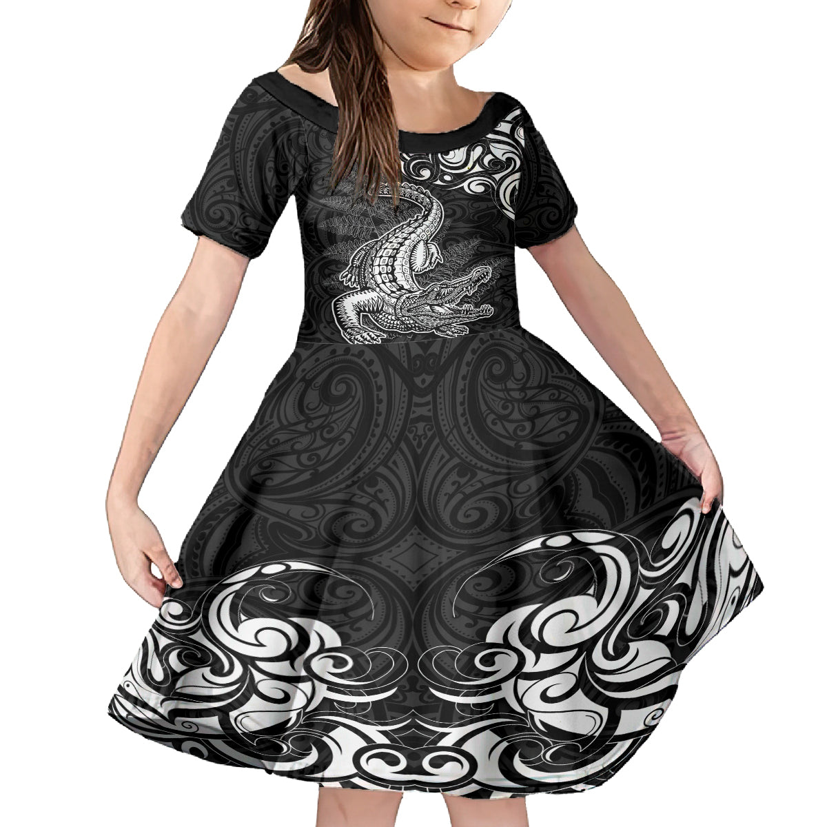 New Zealand Crocodile Tattoo and Fern Kid Short Sleeve Dress Maori Pattern LT03 KID Black - Polynesian Pride
