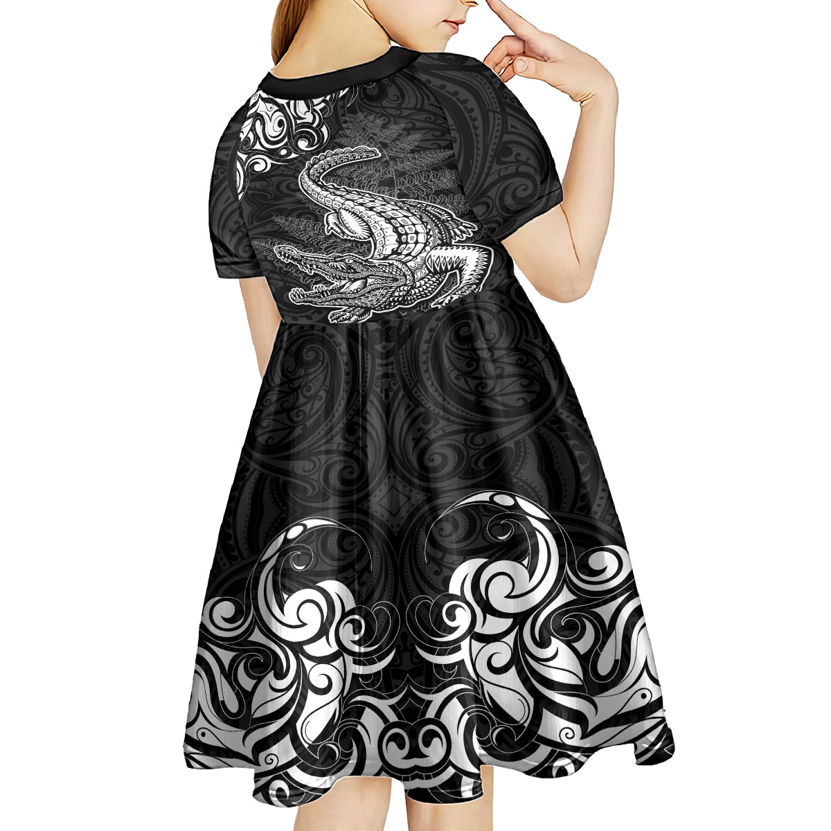 New Zealand Crocodile Tattoo and Fern Kid Short Sleeve Dress Maori Pattern LT03 - Polynesian Pride