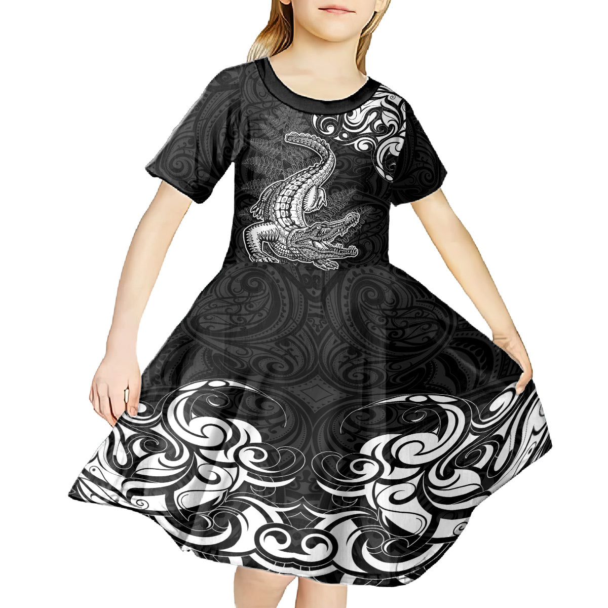 New Zealand Crocodile Tattoo and Fern Kid Short Sleeve Dress Maori Pattern LT03 - Polynesian Pride