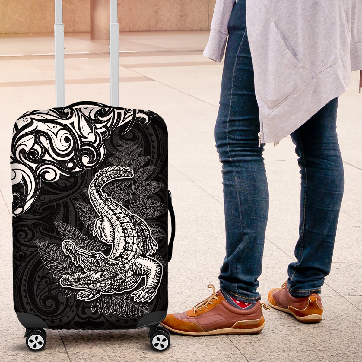 New Zealand Crocodile Tattoo and Fern Luggage Cover Maori Pattern