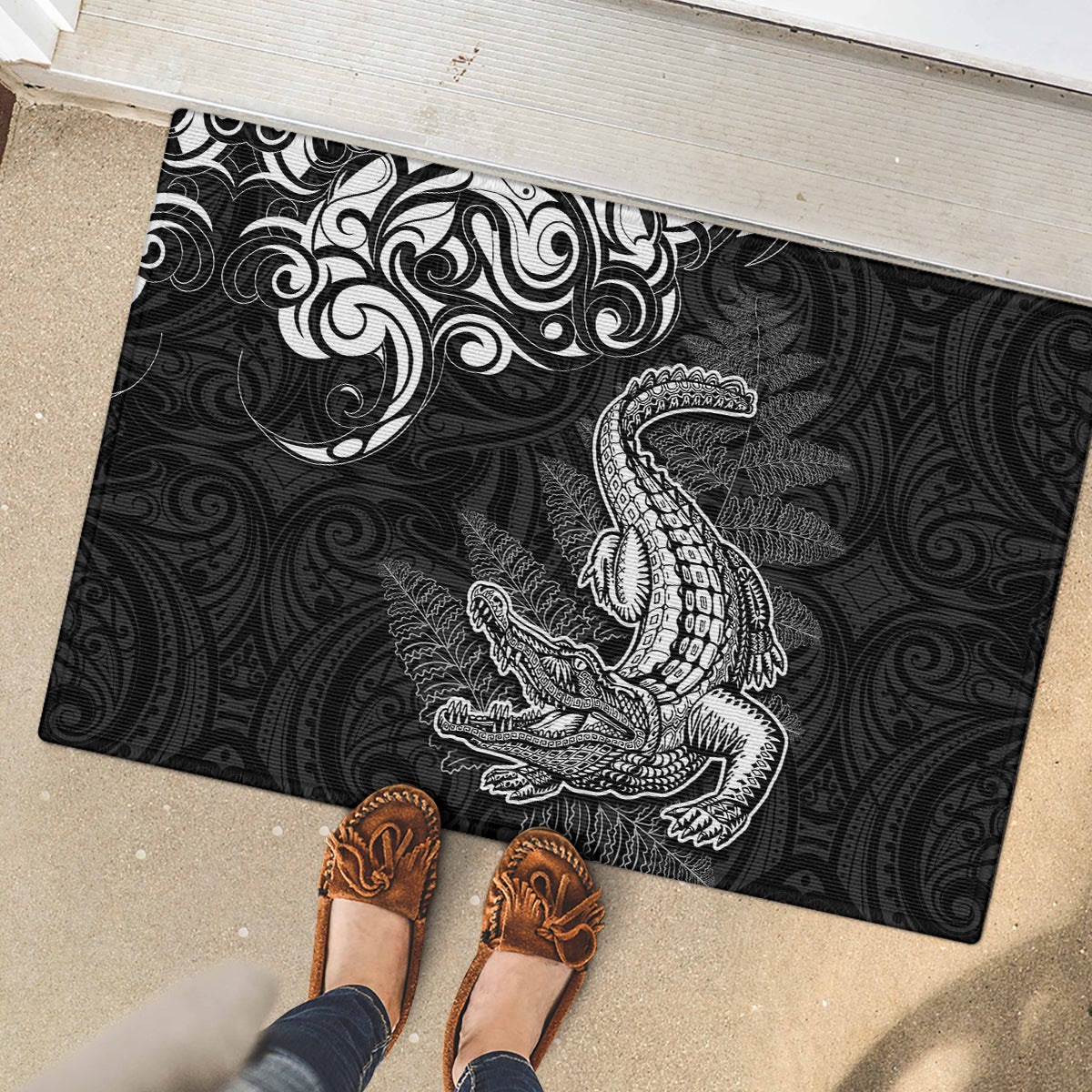 New Zealand Crocodile Tattoo and Fern Rubber Doormat Maori Pattern LT03 - Polynesian Pride