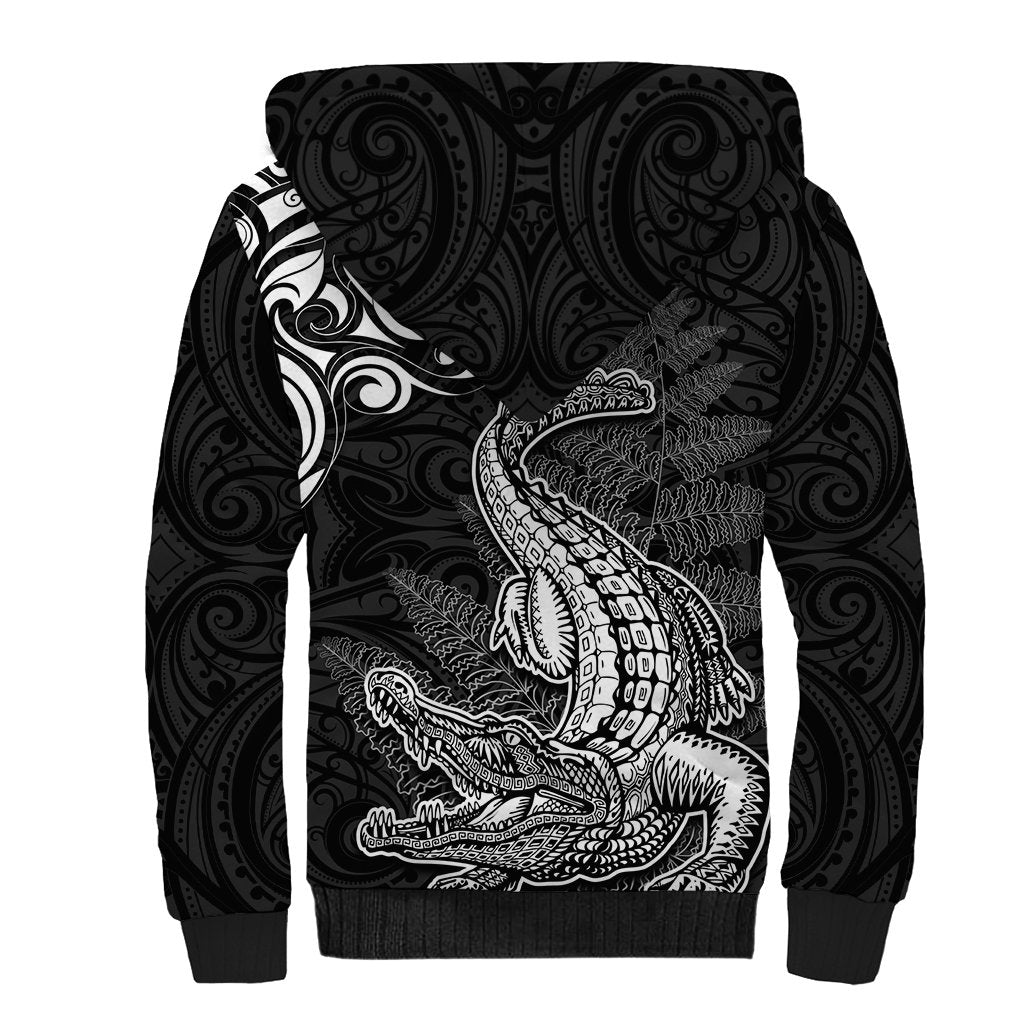 New Zealand Crocodile Tattoo and Fern Sherpa Hoodie Maori Pattern LT03 - Polynesian Pride