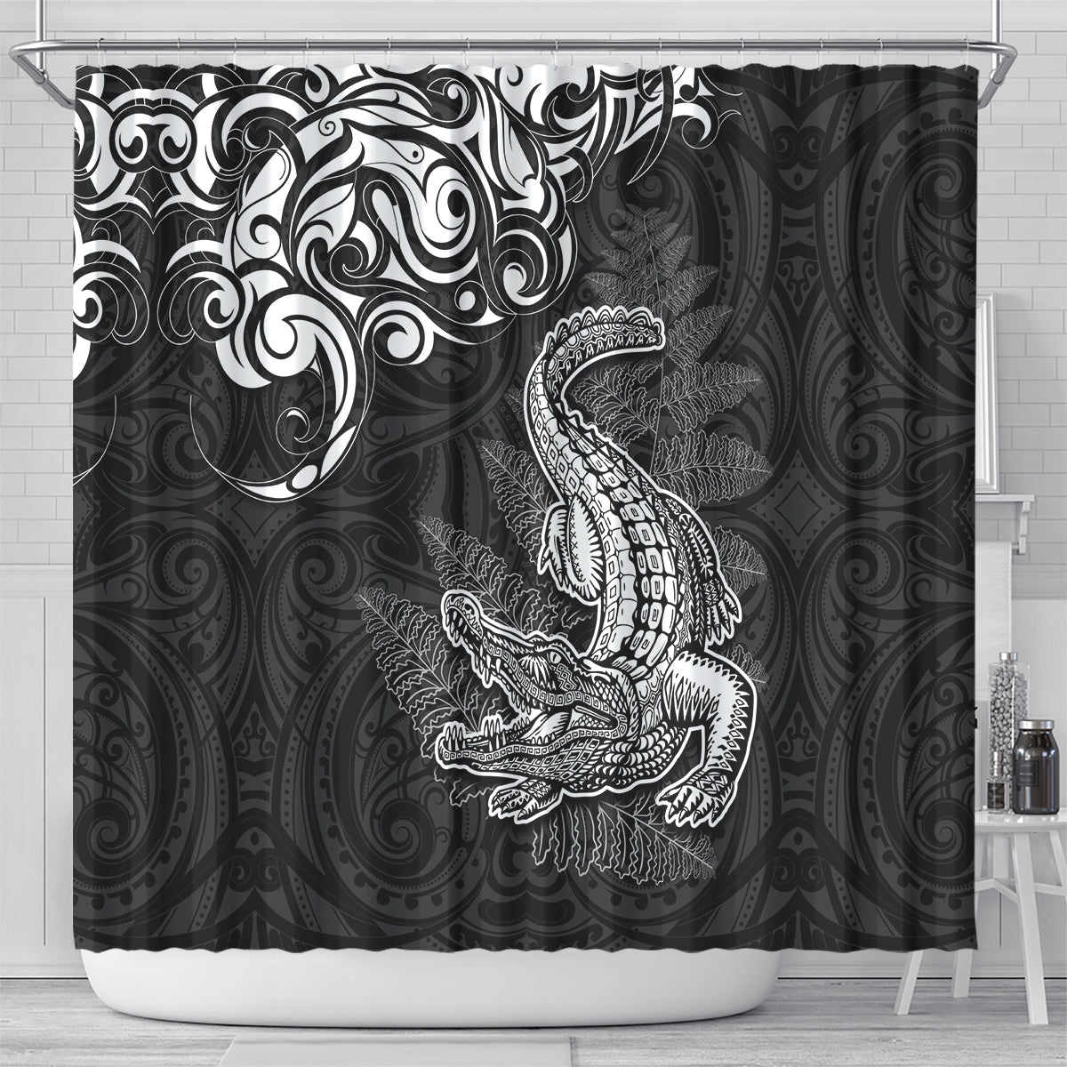 New Zealand Crocodile Tattoo and Fern Shower Curtain Maori Pattern LT03 - Polynesian Pride