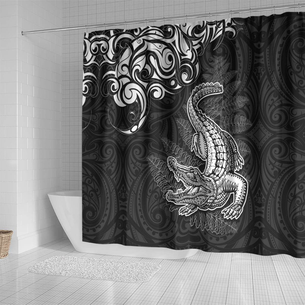 New Zealand Crocodile Tattoo and Fern Shower Curtain Maori Pattern LT03 - Polynesian Pride