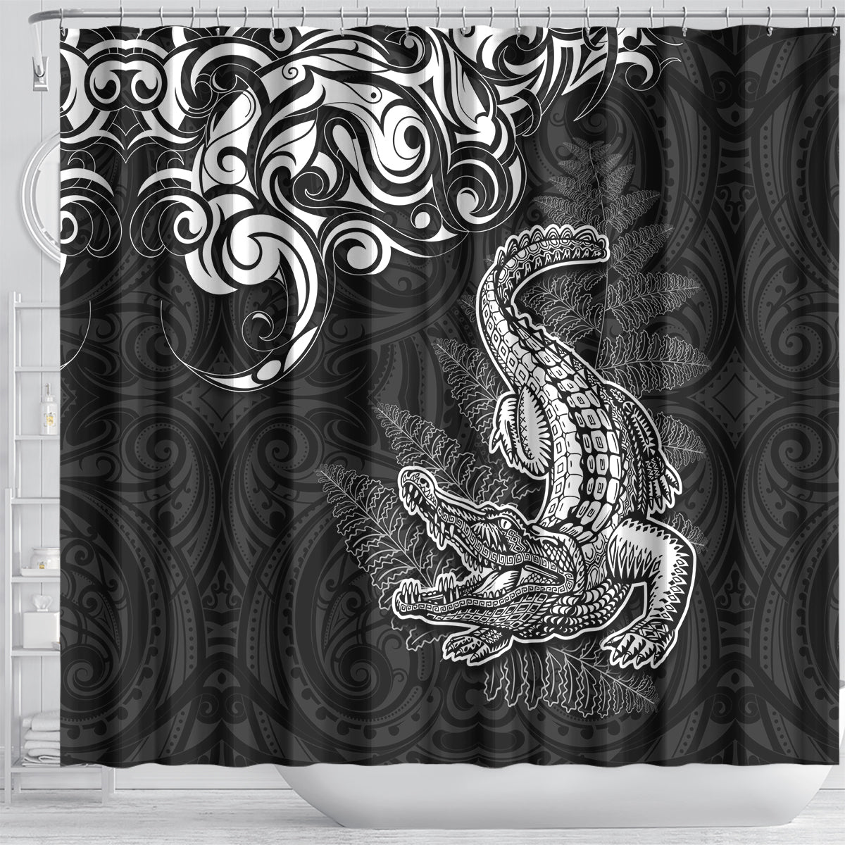 New Zealand Crocodile Tattoo and Fern Shower Curtain Maori Pattern LT03 - Polynesian Pride