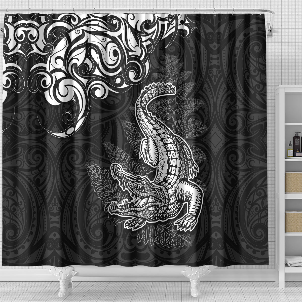 New Zealand Crocodile Tattoo and Fern Shower Curtain Maori Pattern LT03 - Polynesian Pride