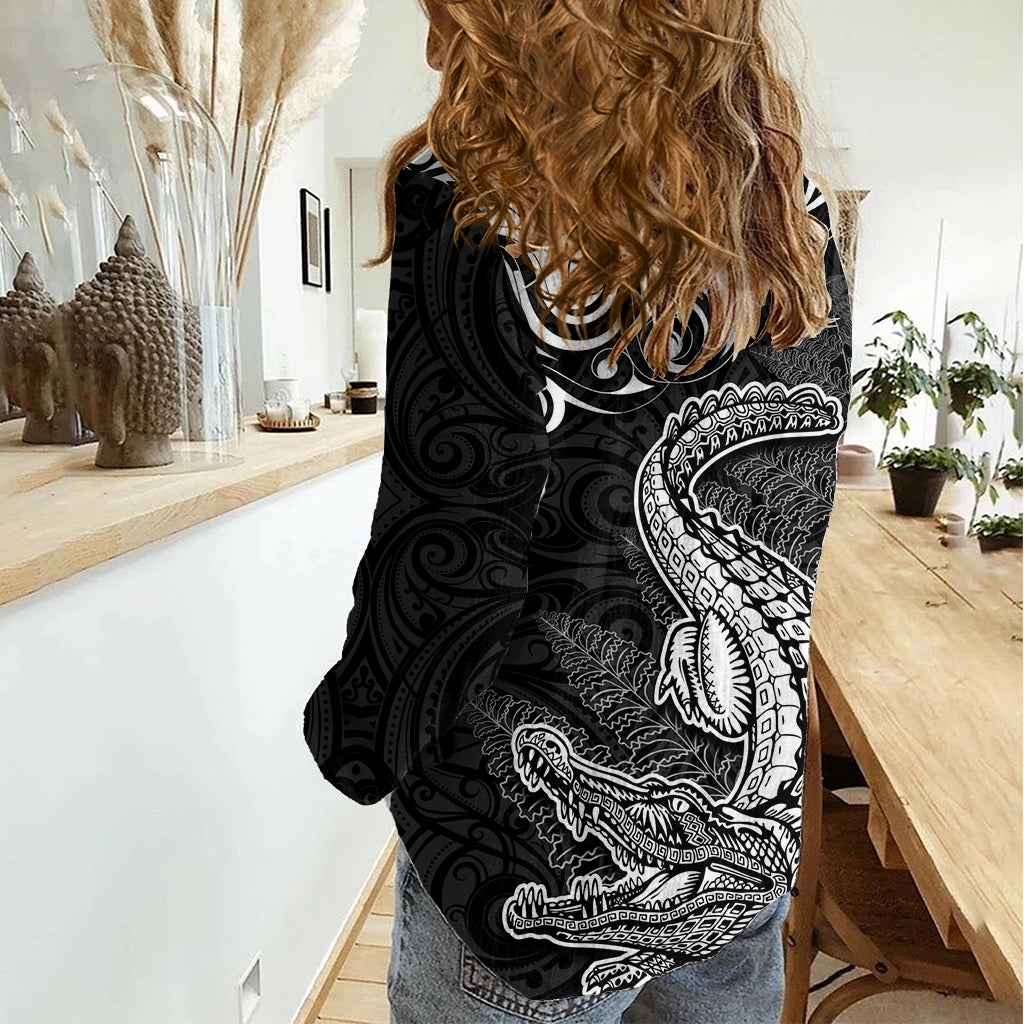 New Zealand Crocodile Tattoo and Fern Women Casual Shirt Maori Pattern LT03 - Polynesian Pride