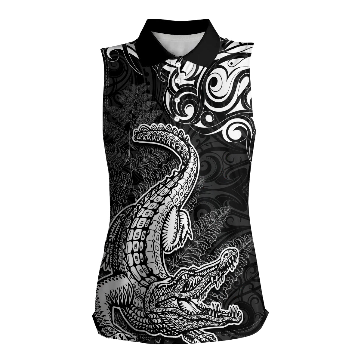 New Zealand Crocodile Tattoo and Fern Women Sleeveless Polo Shirt Maori Pattern LT03 Female Black - Polynesian Pride