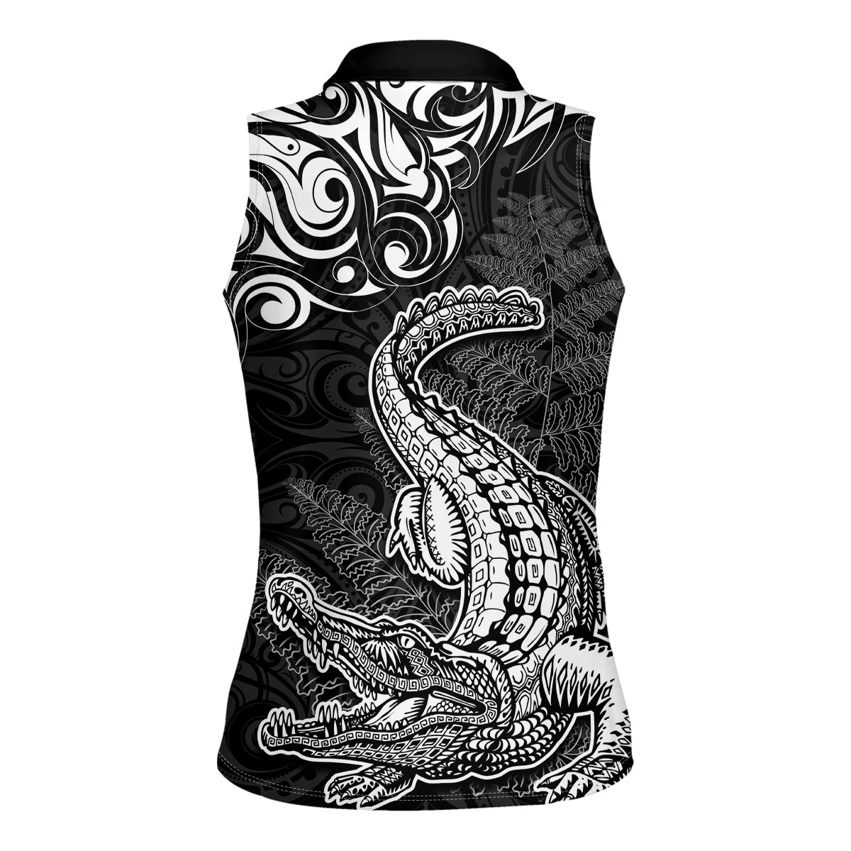 New Zealand Crocodile Tattoo and Fern Women Sleeveless Polo Shirt Maori Pattern LT03 - Polynesian Pride
