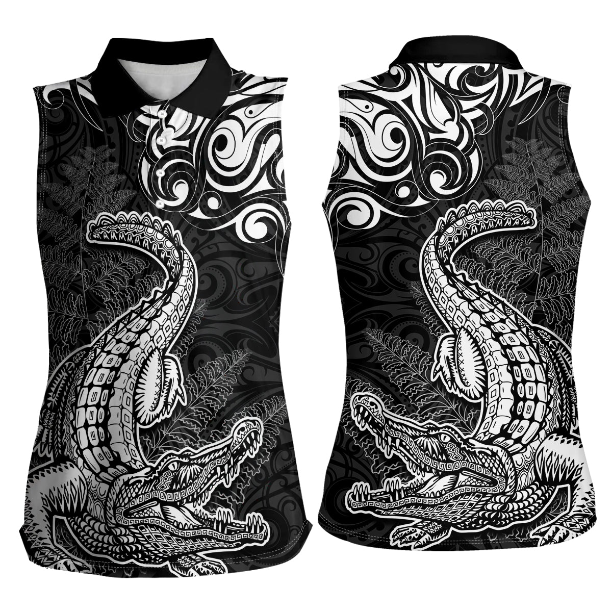 New Zealand Crocodile Tattoo and Fern Women Sleeveless Polo Shirt Maori Pattern LT03 - Polynesian Pride