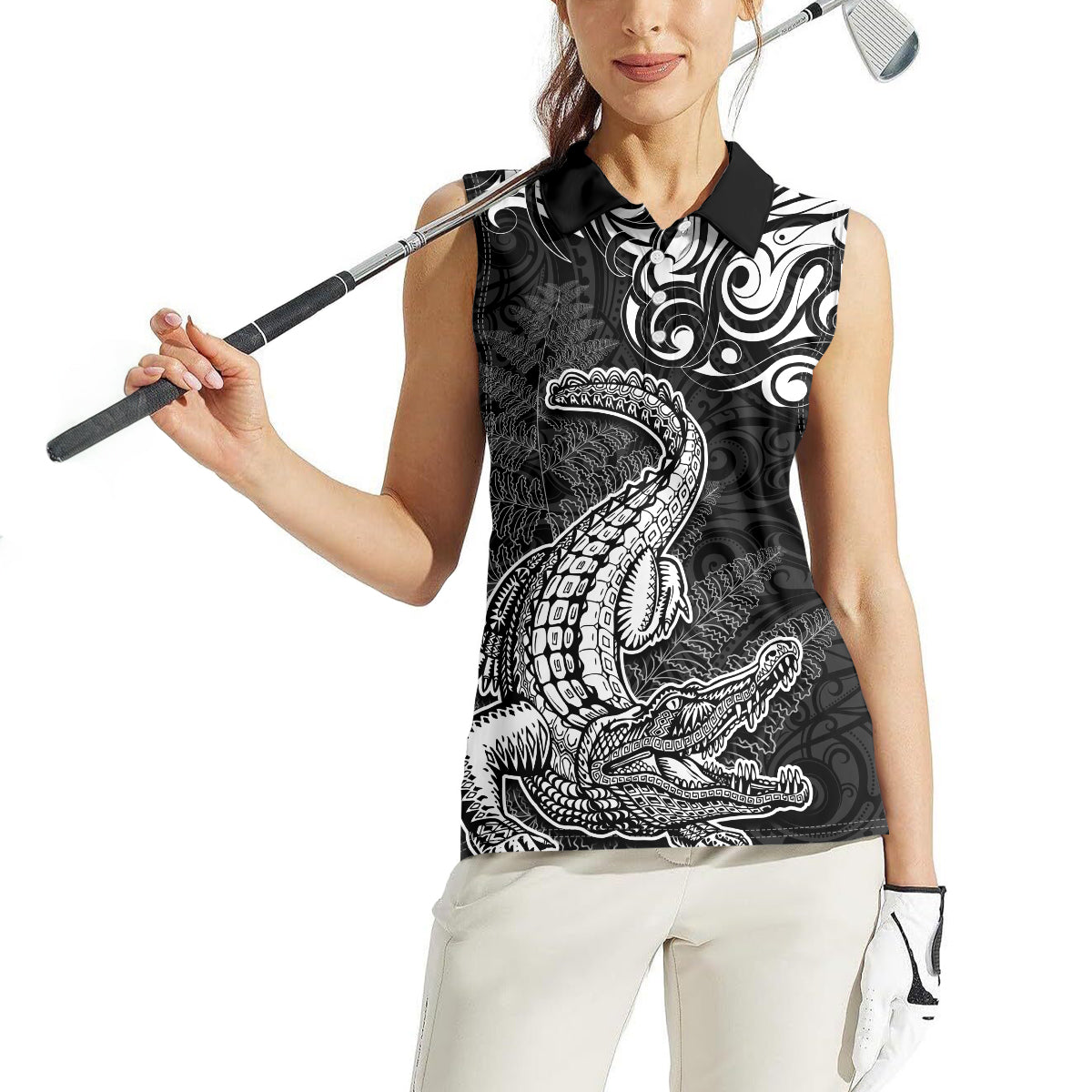 New Zealand Crocodile Tattoo and Fern Women Sleeveless Polo Shirt Maori Pattern LT03 - Polynesian Pride