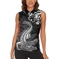 New Zealand Crocodile Tattoo and Fern Women Sleeveless Polo Shirt Maori Pattern LT03 - Polynesian Pride