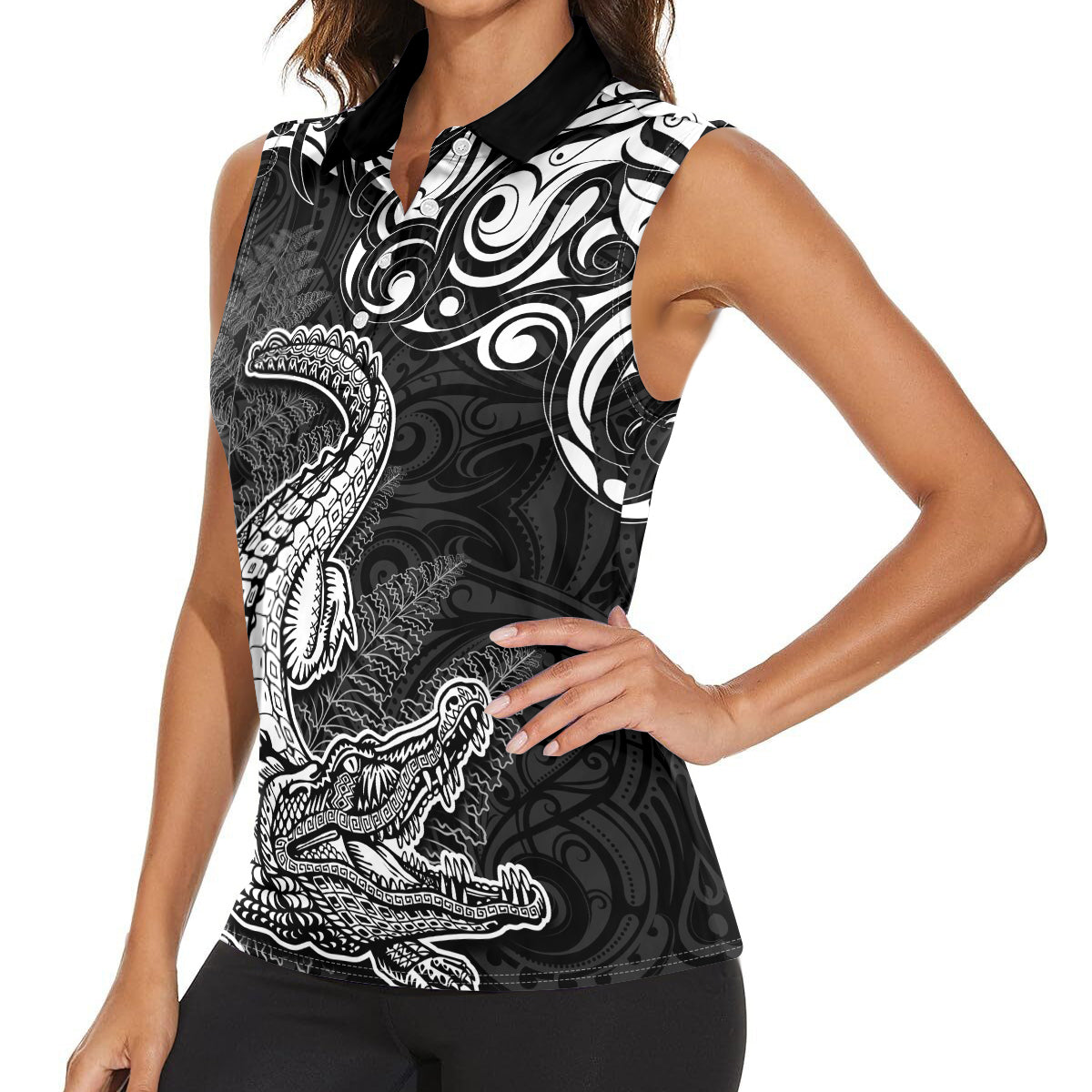 New Zealand Crocodile Tattoo and Fern Women Sleeveless Polo Shirt Maori Pattern LT03 - Polynesian Pride