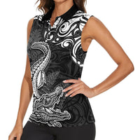 New Zealand Crocodile Tattoo and Fern Women Sleeveless Polo Shirt Maori Pattern LT03 - Polynesian Pride