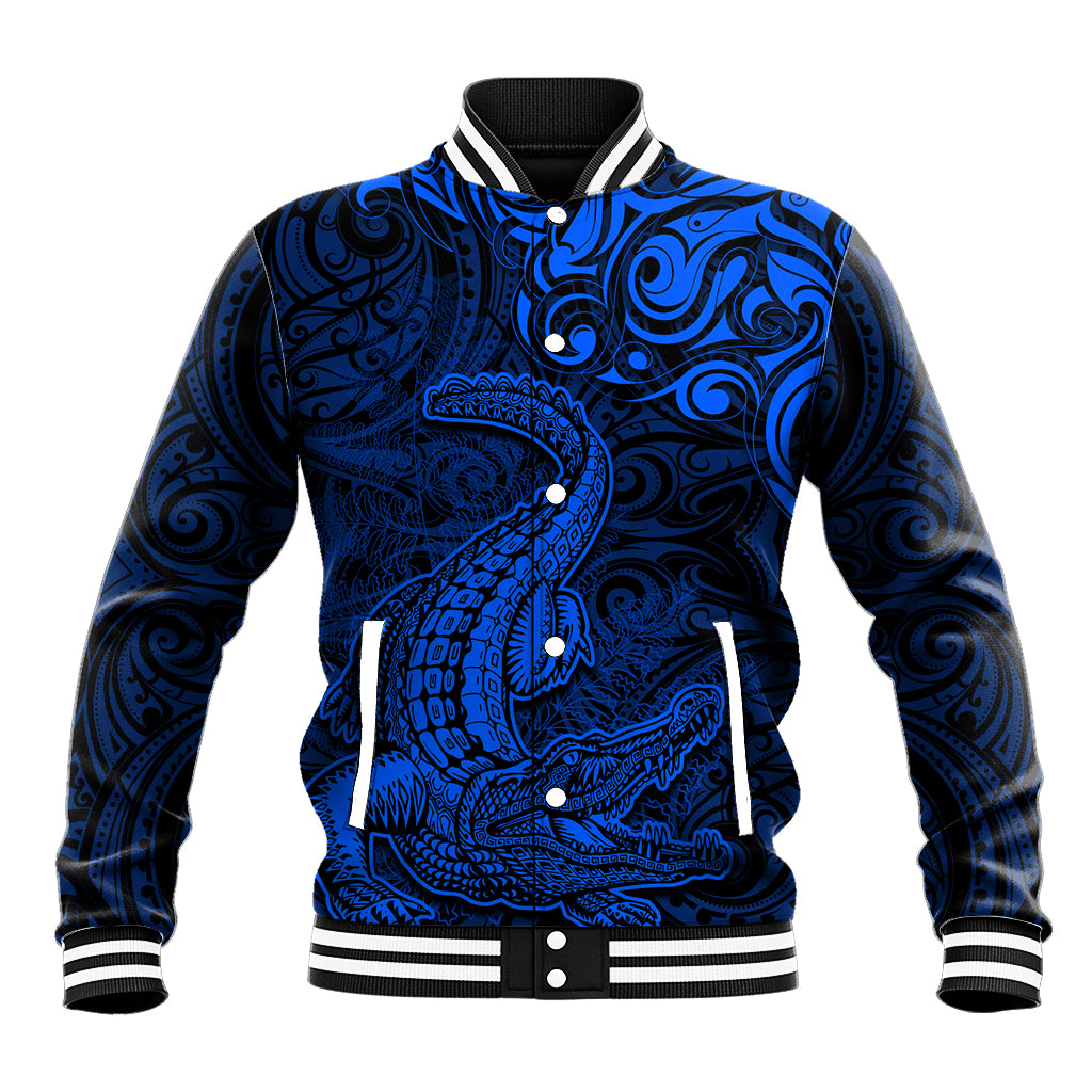 New Zealand Crocodile Tattoo and Fern Baseball Jacket Maori Pattern Blue Color
