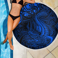 New Zealand Crocodile Tattoo and Fern Beach Blanket Maori Pattern Blue Color