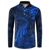 New Zealand Crocodile Tattoo and Fern Button Sweatshirt Maori Pattern Blue Color