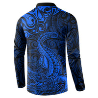 New Zealand Crocodile Tattoo and Fern Button Sweatshirt Maori Pattern Blue Color