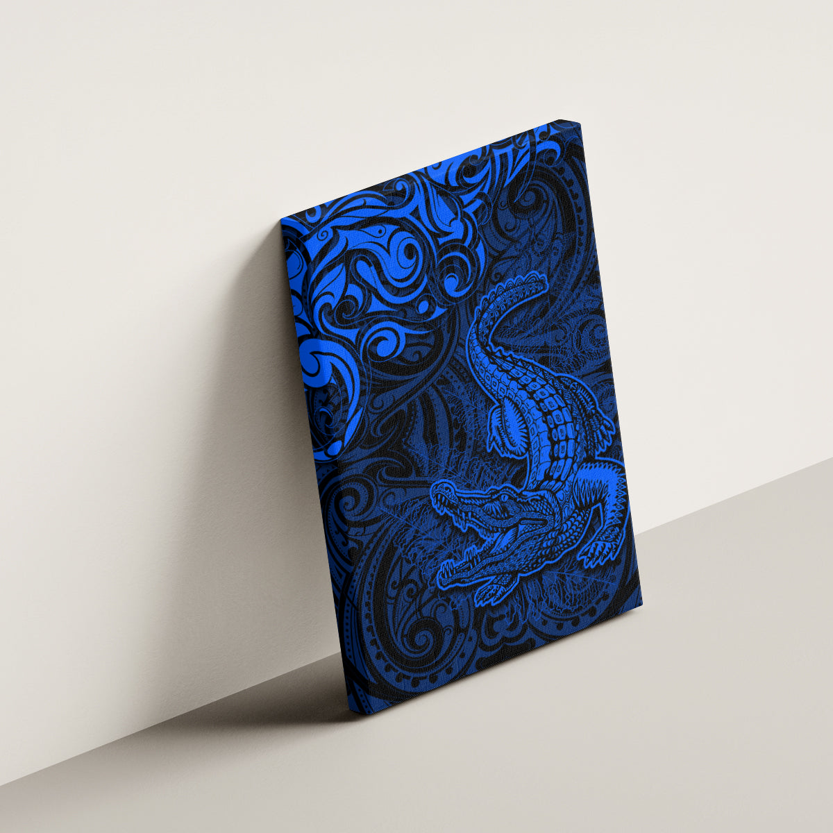 New Zealand Crocodile Tattoo and Fern Canvas Wall Art Maori Pattern Blue Color