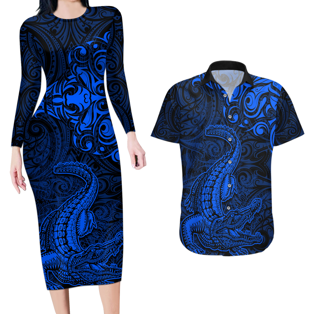 New Zealand Crocodile Tattoo and Fern Couples Matching Long Sleeve Bodycon Dress and Hawaiian Shirt Maori Pattern Blue Color LT03 Blue - Polynesian Pride