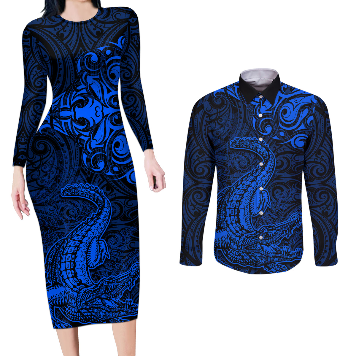 New Zealand Crocodile Tattoo and Fern Couples Matching Long Sleeve Bodycon Dress and Long Sleeve Button Shirt Maori Pattern Blue Color LT03 Blue - Polynesian Pride