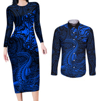 New Zealand Crocodile Tattoo and Fern Couples Matching Long Sleeve Bodycon Dress and Long Sleeve Button Shirt Maori Pattern Blue Color LT03 Blue - Polynesian Pride