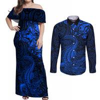 New Zealand Crocodile Tattoo and Fern Couples Matching Off Shoulder Maxi Dress and Long Sleeve Button Shirt Maori Pattern Blue Color LT03 Blue - Polynesian Pride