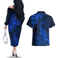 New Zealand Crocodile Tattoo and Fern Couples Matching Off The Shoulder Long Sleeve Dress and Hawaiian Shirt Maori Pattern Blue Color LT03 - Polynesian Pride