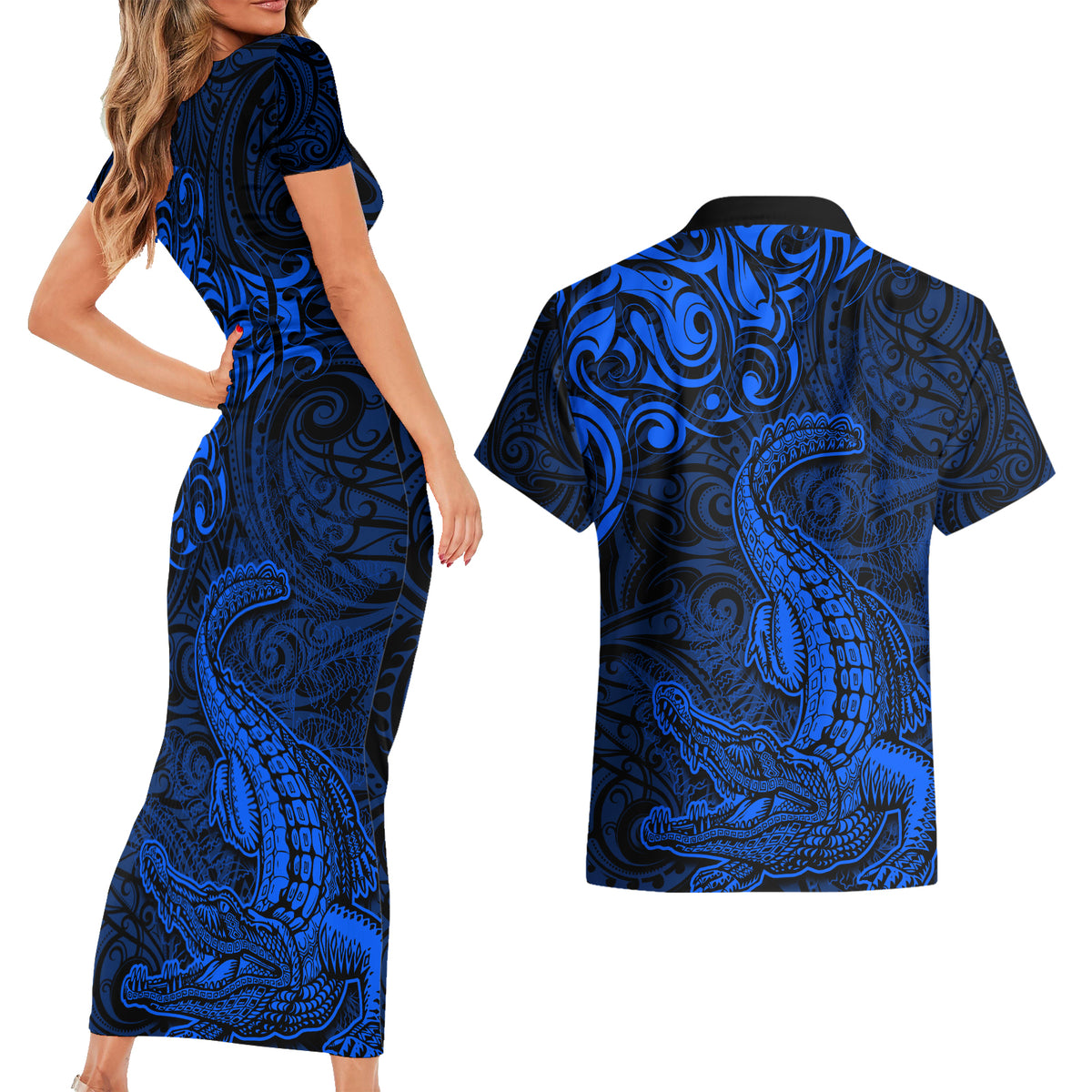 New Zealand Crocodile Tattoo and Fern Couples Matching Short Sleeve Bodycon Dress and Hawaiian Shirt Maori Pattern Blue Color LT03 - Polynesian Pride