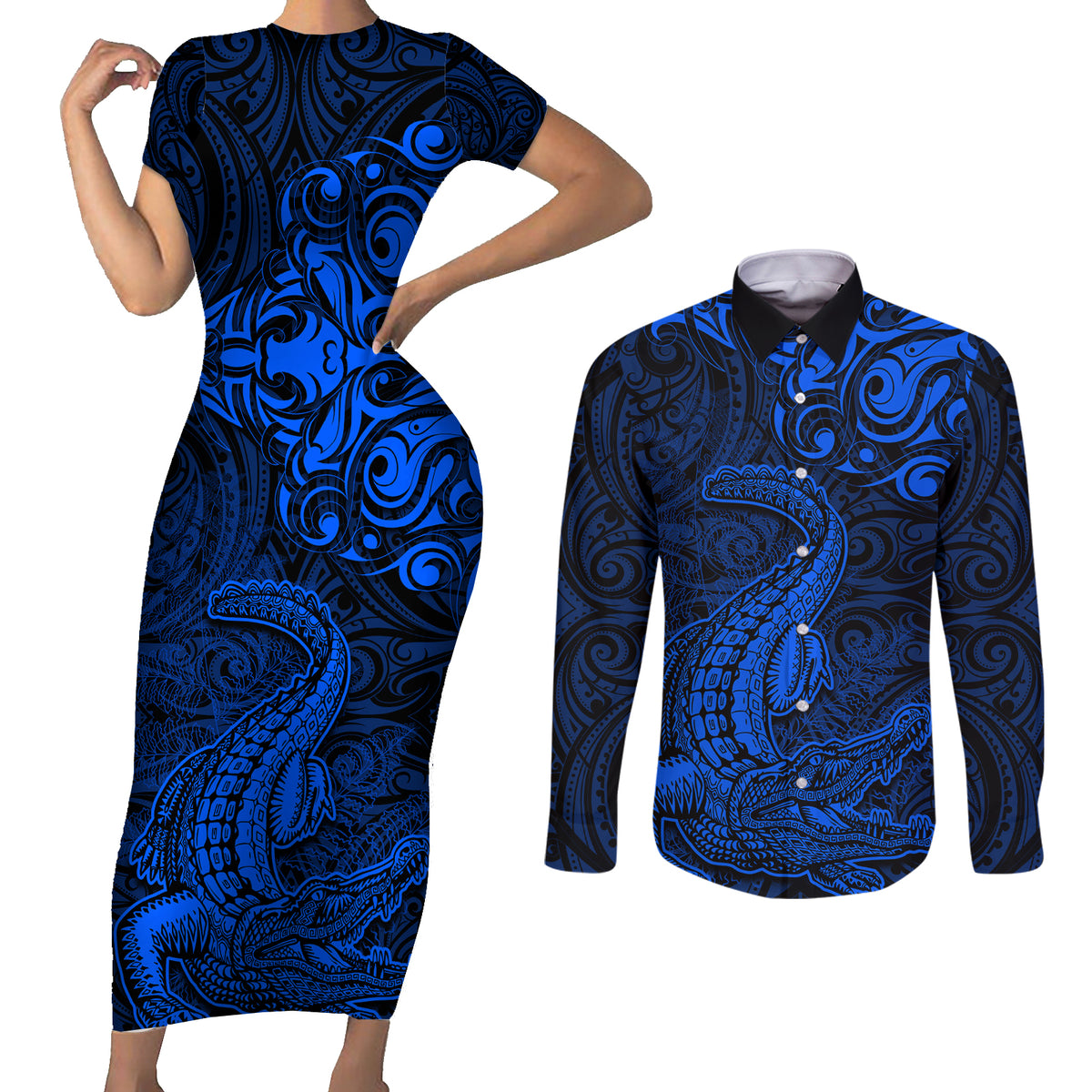 New Zealand Crocodile Tattoo and Fern Couples Matching Short Sleeve Bodycon Dress and Long Sleeve Button Shirt Maori Pattern Blue Color LT03 Blue - Polynesian Pride