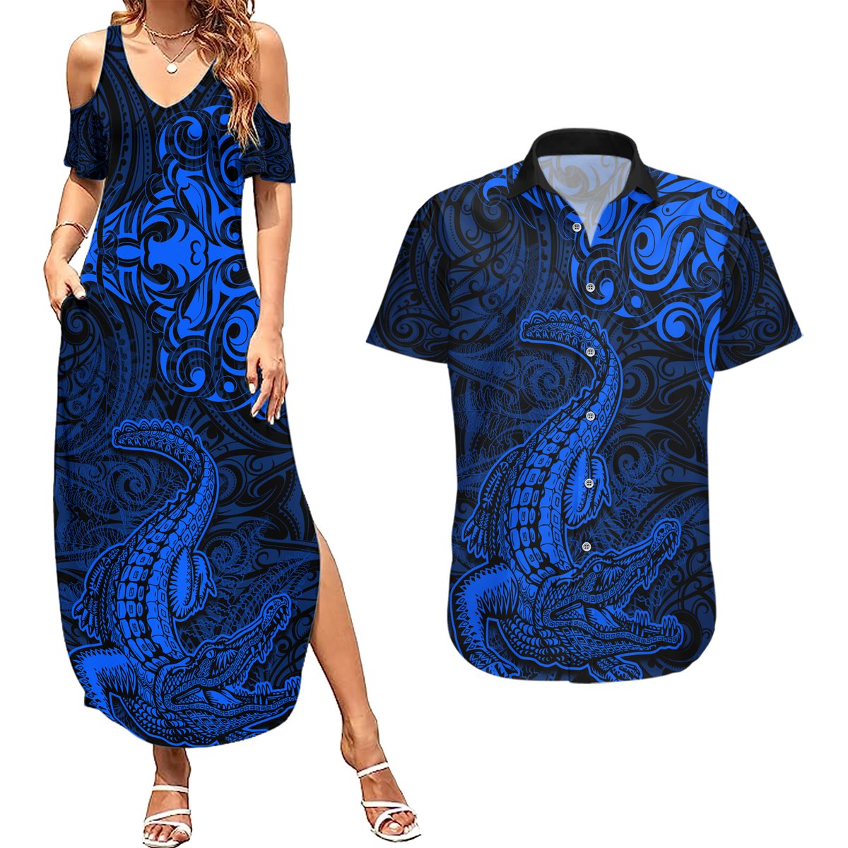 New Zealand Crocodile Tattoo and Fern Couples Matching Summer Maxi Dress and Hawaiian Shirt Maori Pattern Blue Color LT03 Blue - Polynesian Pride