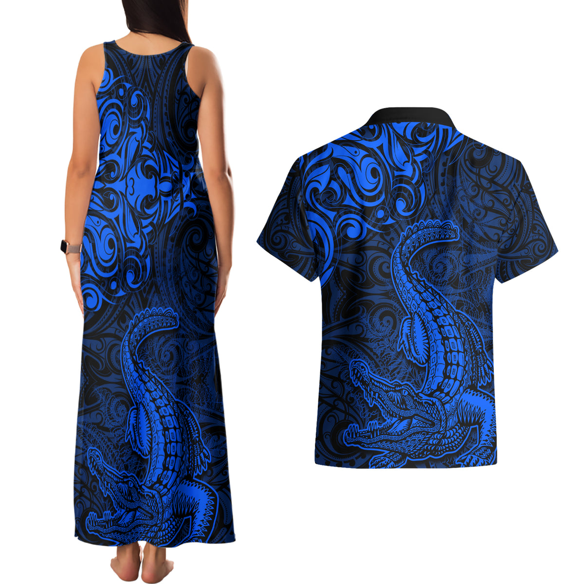 New Zealand Crocodile Tattoo and Fern Couples Matching Tank Maxi Dress and Hawaiian Shirt Maori Pattern Blue Color LT03 - Polynesian Pride