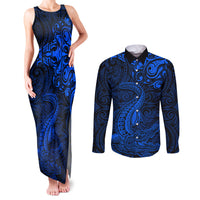 New Zealand Crocodile Tattoo and Fern Couples Matching Tank Maxi Dress and Long Sleeve Button Shirt Maori Pattern Blue Color LT03 Blue - Polynesian Pride