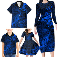 New Zealand Crocodile Tattoo and Fern Family Matching Long Sleeve Bodycon Dress and Hawaiian Shirt Maori Pattern Blue Color LT03 - Polynesian Pride