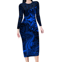 New Zealand Crocodile Tattoo and Fern Family Matching Long Sleeve Bodycon Dress and Hawaiian Shirt Maori Pattern Blue Color LT03 Mom's Dress Blue - Polynesian Pride