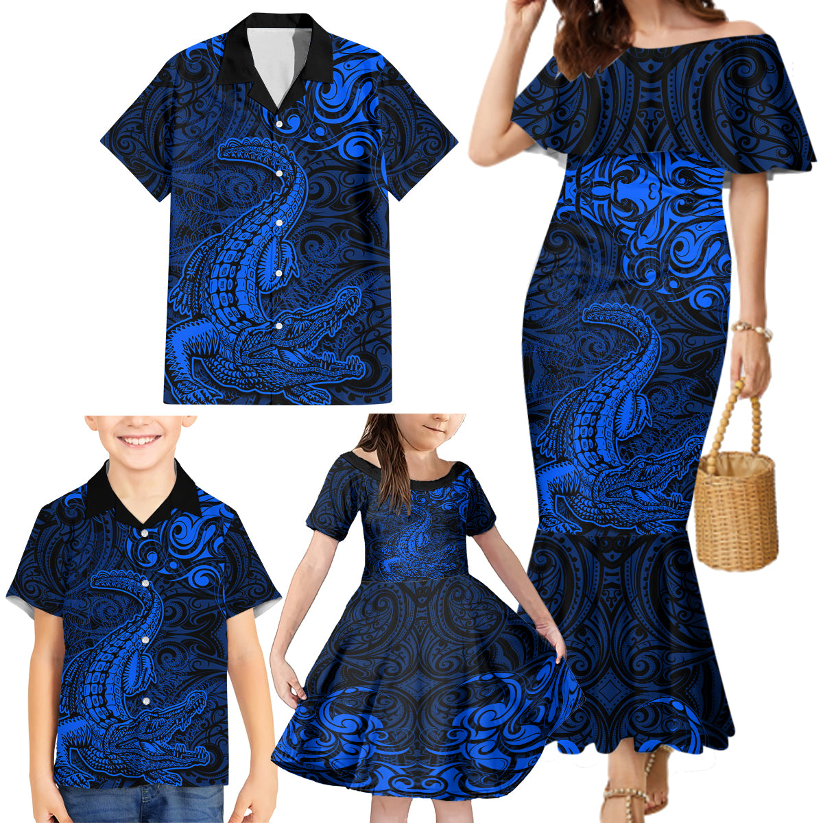 New Zealand Crocodile Tattoo and Fern Family Matching Mermaid Dress and Hawaiian Shirt Maori Pattern Blue Color LT03 - Polynesian Pride