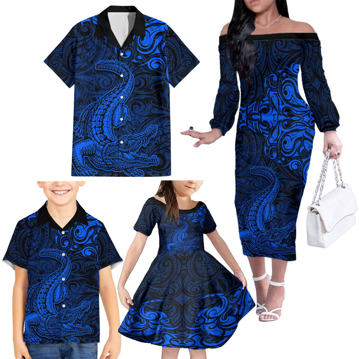 New Zealand Crocodile Tattoo and Fern Family Matching Off The Shoulder Long Sleeve Dress and Hawaiian Shirt Maori Pattern Blue Color LT03 - Polynesian Pride