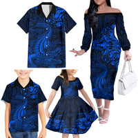 New Zealand Crocodile Tattoo and Fern Family Matching Off The Shoulder Long Sleeve Dress and Hawaiian Shirt Maori Pattern Blue Color LT03 - Polynesian Pride